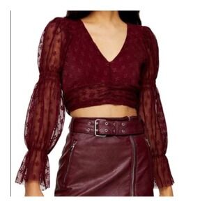 Topshop Burgundy Sheer Mesh Pointelle Puff Sleeve Open Back Crop 8 Whimsigoth